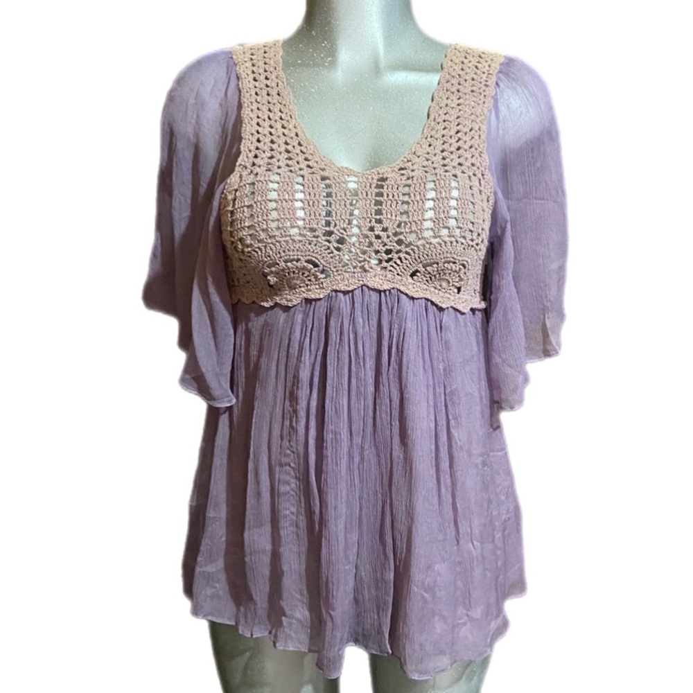 Alythea 100% Silk Crochet Tunic Top Ethereal Bohemian Sheer Sz Small Bohemian